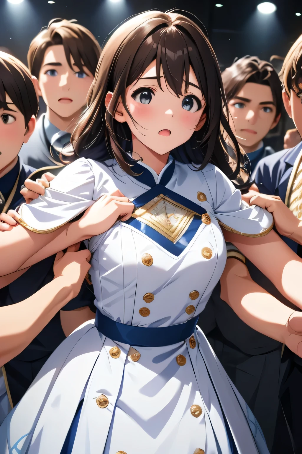 ( manga 、anime、story)、( masterpiece 、 top quality、 Ultra High Resolution )、( perfect faces 、 facial beauty、 beautiful eyes )、( shout、 Resist 、 are embarrassing )、sweat 、 indivual 、 are embarrassing 、 ( surrounded by lots of men 、 Licking Man 、 Bearded men surround women ) Lots of hands touching women 、excessive gum、On the body:1.2、 Cum On My Pussy 、idol、idolの服、Fluttery clothes、 、 stage、sing、side view