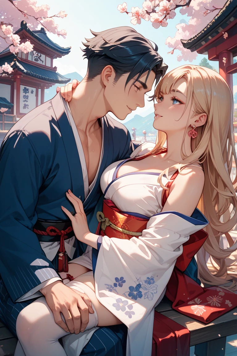 ((highest quality)), ((masterpiece)), (be familiar with), ((perfect face、female、Enchanted body、blonde、blue eyes、Hanfu、Bun head、wife、blonde、pregnancy、pregnant woman))((male、middle aged、black hair、China人、Hanfu、husband))China、Hanfu、marriage、marriage式、bride、Luxurious clothes、hug each other、Red clothes、kiss
