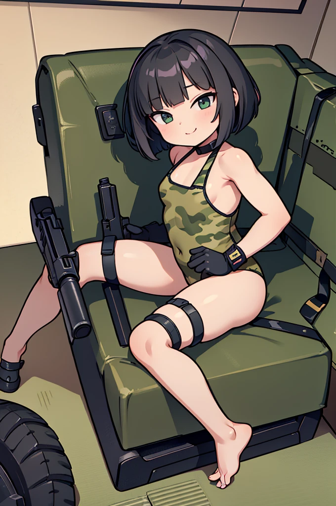 Young girl, Pullover, militar high cut leotard, whole body to see, disgusting face, angry, scream, ponytail hair , (( very wide hips)), (((colossal Thighs, gigantic thighs, very huge thighs, very big thighs))), fullbody, platform heels, pale skin, big breast, gun, soldier girl , stockings , standing, front pose, black hair, muscular girl, fit girl, ABS, militar camouflage, sleveless, shoulderless,