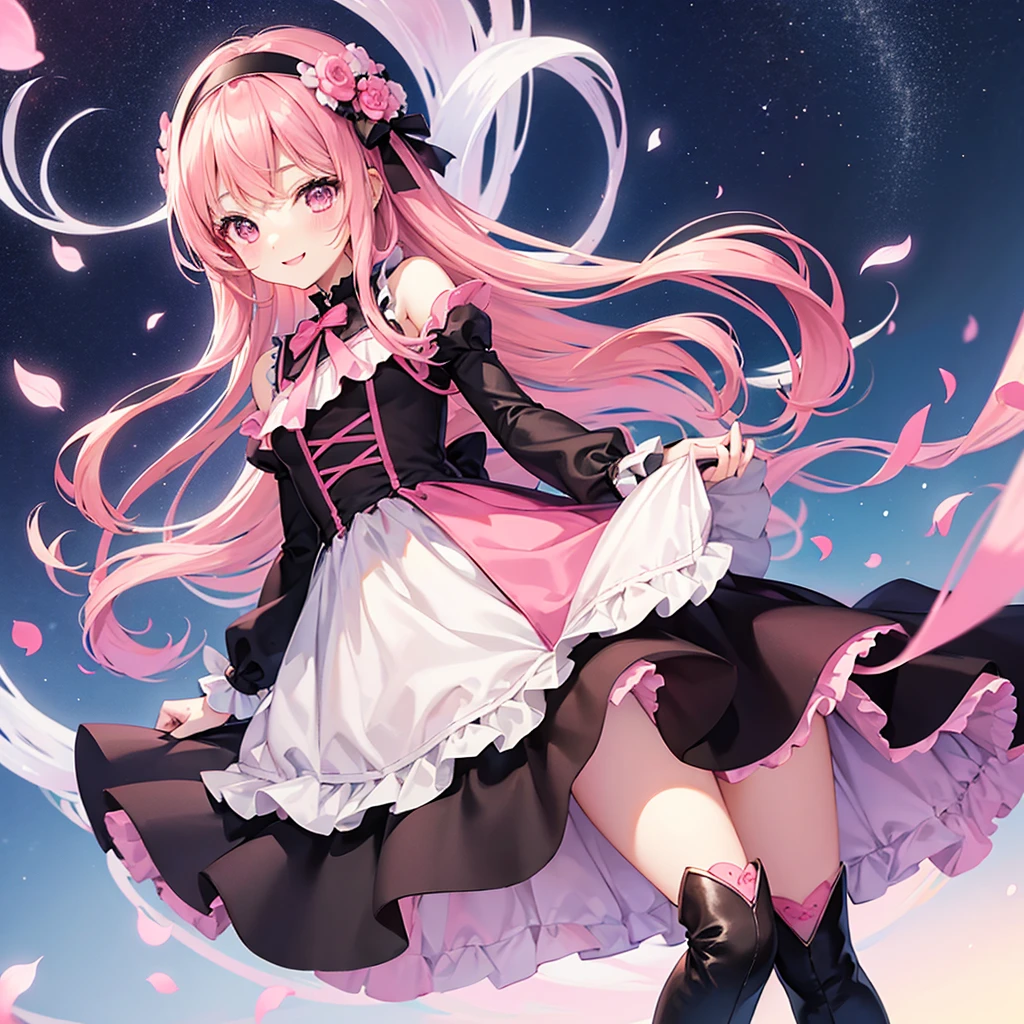 master piece, hyper quality, Hyper Detailed, Perfect drawing,1girll,Loose and fluffy hair、drills twintails、Pink hair、Big eyes with double eyelids、Passed nasal muscles、blusher(0.2)、Ochoboguchi、ear piercings、lolita fashion、Clothes with lots of lace and frills、a miniskirt,knee high socks(:1.5),(garterbelts)、(((Wrapped、Bundled with ribbons、Holding a large bouquet))), butt sticks out, Big round buttocks, Standing figure, ((Panties are visible)), (((Luxury panties)))、Embarrassing、ssmile, outside of house、blue-sky、Summer colors、Sunlight、Shooting from diagonally below, portlate、Background, meticulous drawing, Accurate drawing.