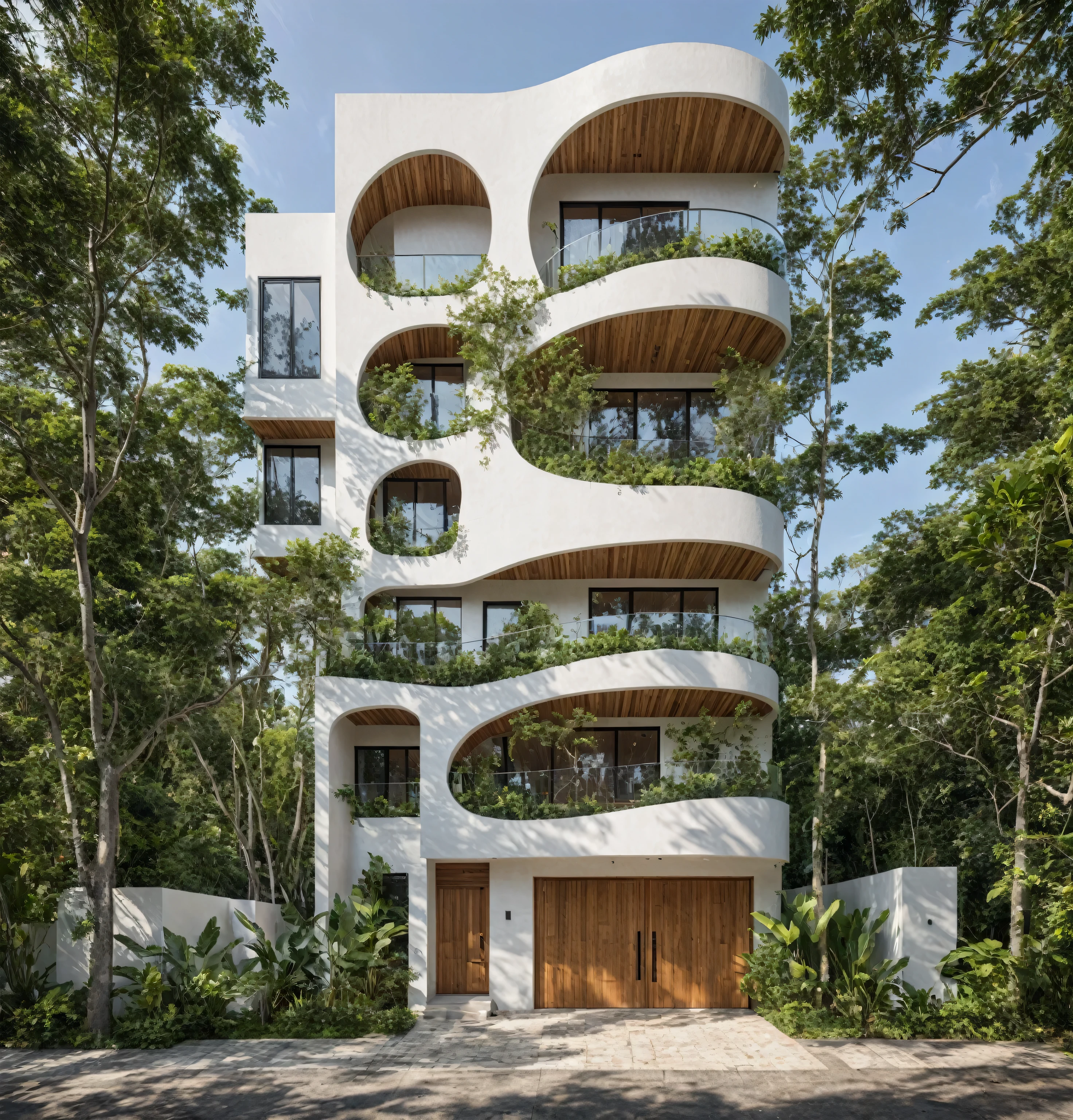 A high and narrow 3-storey house with a modern design, features steel gates and wooden details . White painted exterior and front walls with multiple curves . House with windows on all sides , and a ( Wooden ceiling :1.2). Materials including black steel and wood . 1st floor with trees growing in middle column , Surrounded by tropical vegetation. Scene taken from a 24mm perspective , with soft , Natural light highlights textures and materials , casting gentle shadows that accentuate the curves of the front wall and the wooden details.