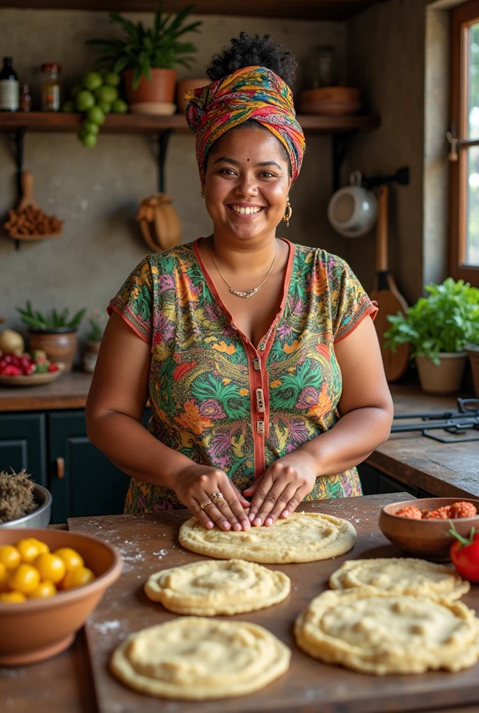 I need you to generate a very realistic image of a lady around 40 to 50 years old of Nicaraguan nationality who is dedicated to preparing traditional Nicaraguan sweets and who is making, for example, coconut cajeta., milk box among other sweets from Nicaragua and that does not have any clothes 