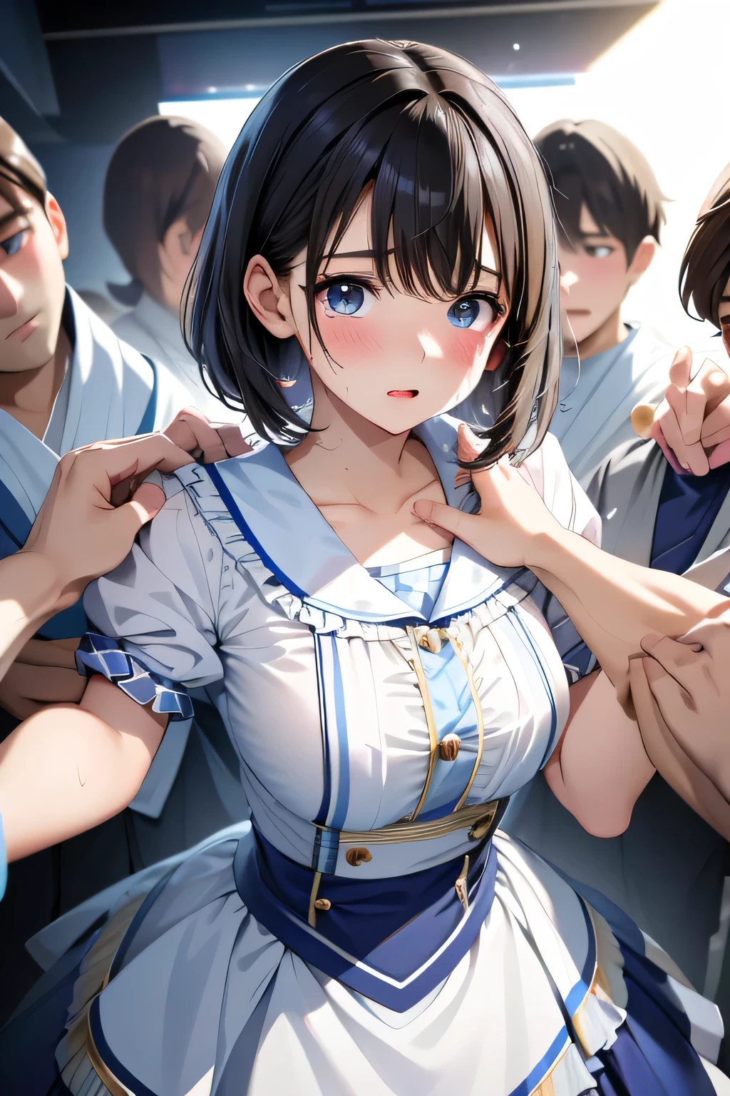 ( manga 、anime、story)、( masterpiece 、 top quality、 Ultra High Resolution )、( perfect faces 、 facial beauty、 beautiful eyes )、( shout、 Resist 、 are embarrassing )、sweat 、 indivual 、 are embarrassing 、 ( surrounded by lots of men 、 Licking Man 、 Bearded men surround women ) Lots of hands touching women 、excessive gum、On the body:1.2、 Cum On My Pussy 、idol、idolの服、 clothes can be torn 、 stage、sing、side view