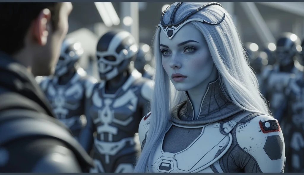(cuerpo completo), extraterrestrial alien female similar to Lihö-Minaa princess of the people of the planet mül from the film Valerian and the city of a thousand planets , cuerpo atletico y exuberante, vestida de traje de noche corto, engarzado con oro refulgente, priedras preciosas de colores y diamantes, piel ligeramente anaranjada, ((se encuentra en centro de control de estacion espacial)), detalles intrincados de la maquina de alta calidad), estilo cinematografico, nitidez absoluta, imagen 8k.(obra maestra).fondos de pantalla, ultra detallado.