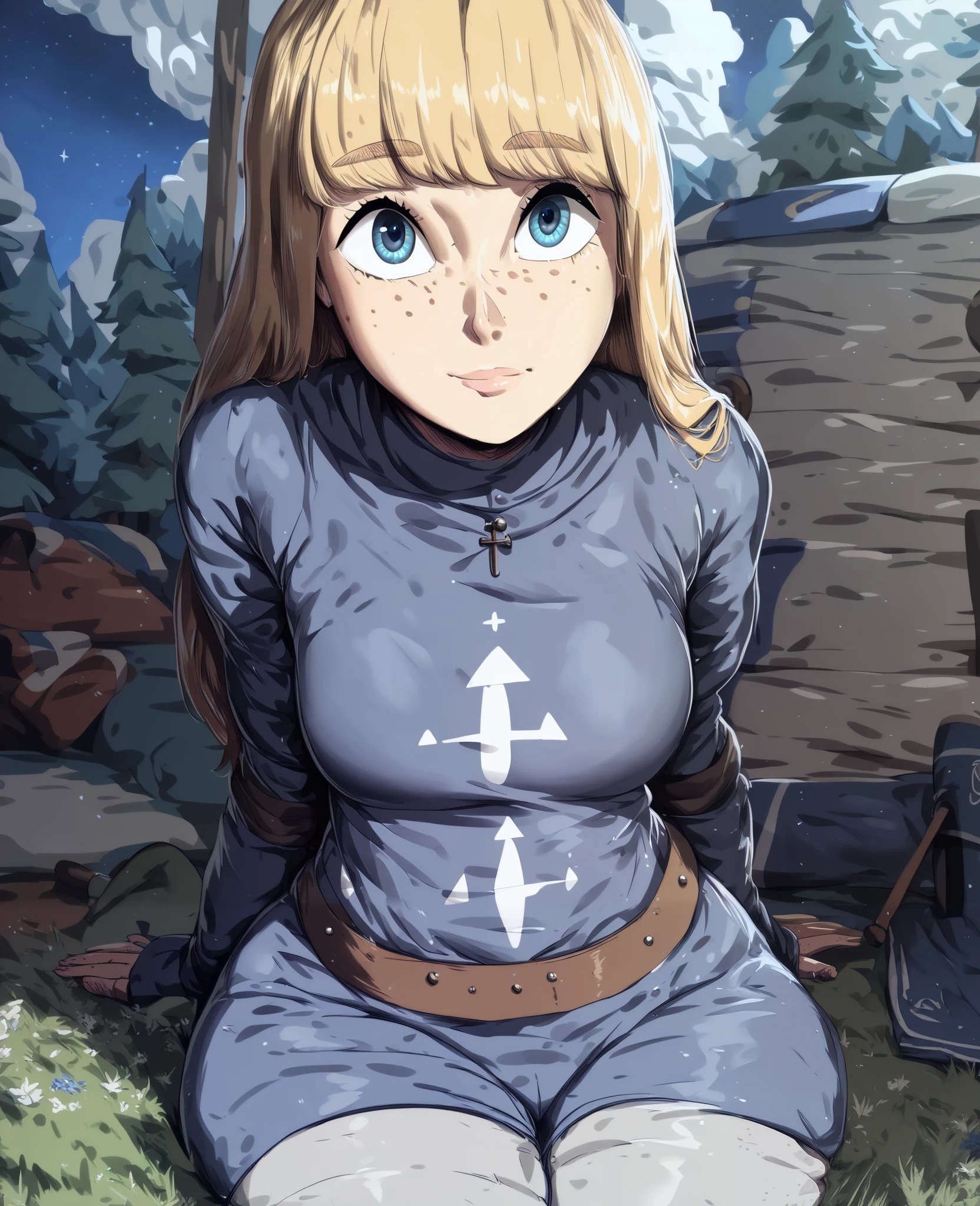 ((Cute short girl,blonde long hair ,blue eyes,light-skin,full bangs,freckles,wearing knight blue medieval suit,wide hips,little-breasts)),(((Background of night camp,alone,sitting,normal mood,front view)))