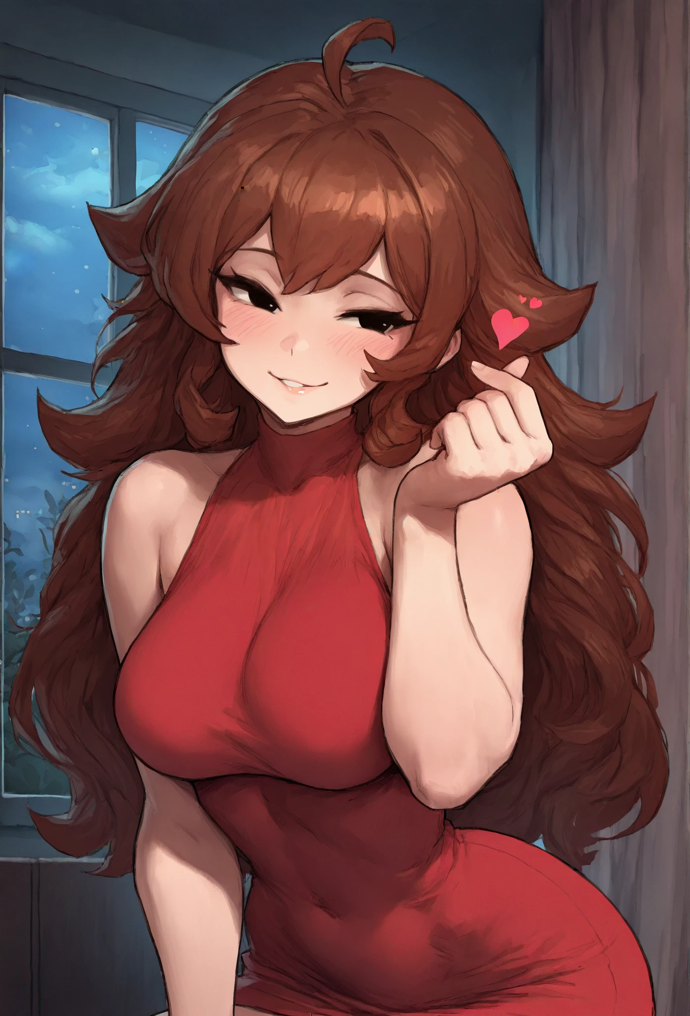 score_9,score_8_up,score_7_up, 1girl, solo, <lora:GirlfriendXLPDLoCon:1.0> girlfriend \(friday night funkin'\), red dress, sleeveless dress, short dress, bare shoulders, black eyes half-closed eyes, grin, smirk, leaning forward, arms_behind back, three-quarter portrait, indoors, hips, thighs,