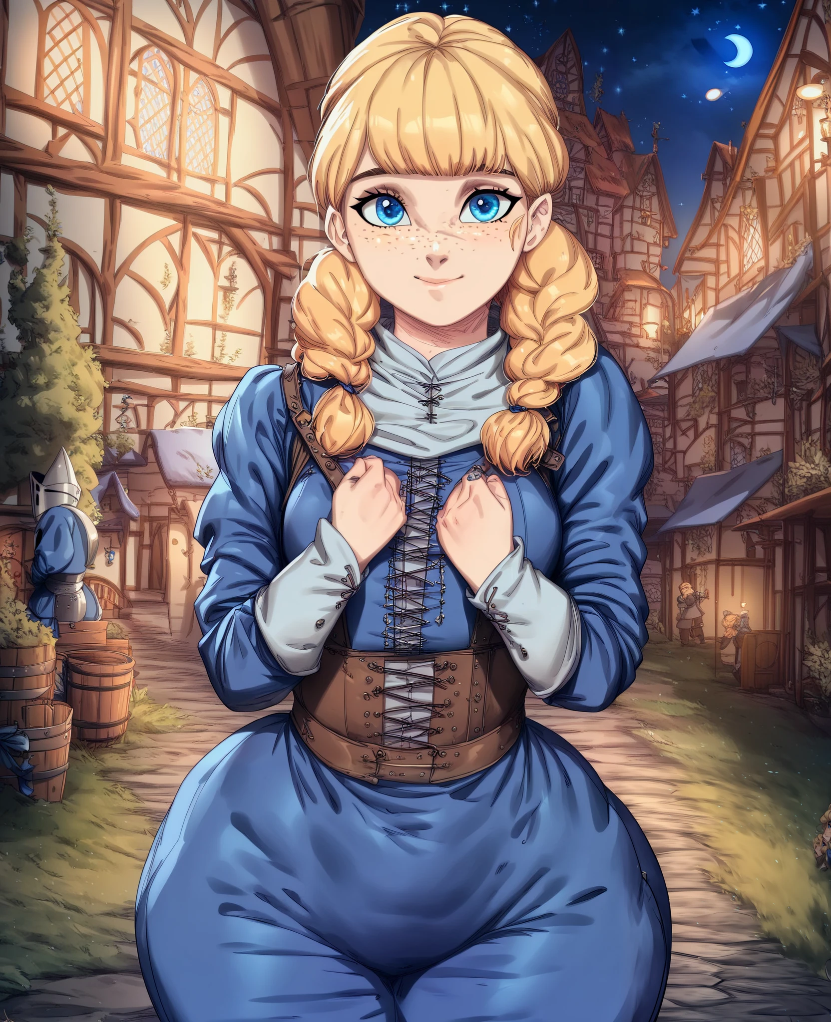 ((Cute short girl,blonde long hair ,blue eyes,light-skin,full bangs,freckles,wearing knight blue medieval suit,wide hips,little-breasts)),(((Background of medieval village at night,alone,stand,normal mood,front view)))