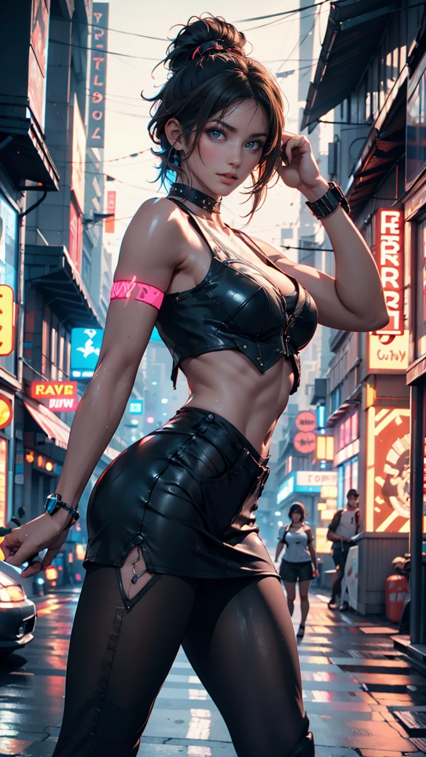 ((woman on top of building)),(view to the city:1.5), Realistic, Best Quality, (((little black skirt: 1.5))))),((black crop top:1.3)), (big breasts: 1.7),(big ass: 1.6), ((night time:1.3)), dynamic lighting, intricately , volumetric lighting, trending on Artstation, warm colors, ambient occlusion, 8K resolution, depth of field, ((Unreal Engine 5: 1.2)), ((glowing neon: 1.7)) ((master piece: 1.6)), (((perfect anatomy: 1.7))), ((detailed face: 1.7)), (((detailed hands: 1.6)))