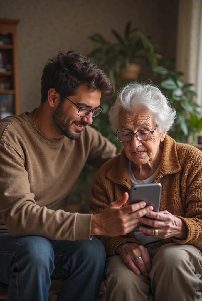 /imagine prompt: A young college student standing in front of his grandmother, holding a smartphone in his hand and smiling as he hands it to her. The grandmother sits on on a chair, joyfully accepting the phone, with a curious and excited look in her eyes towards technology. The surrounding atmosphere is warm and family-oriented, with a photo of the grandson and grandmother hanging on the wall. by doodle --niji 5