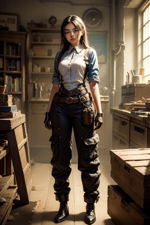 (Best quality, 4k, Masterpiece :1.3), 1girl, (steampunk), scenery, steampunk room engine, repairing engine, gears, cogs, steam, boots, overalls, goggles, dirty face, standing, machinery, oil on floor, dirty floor