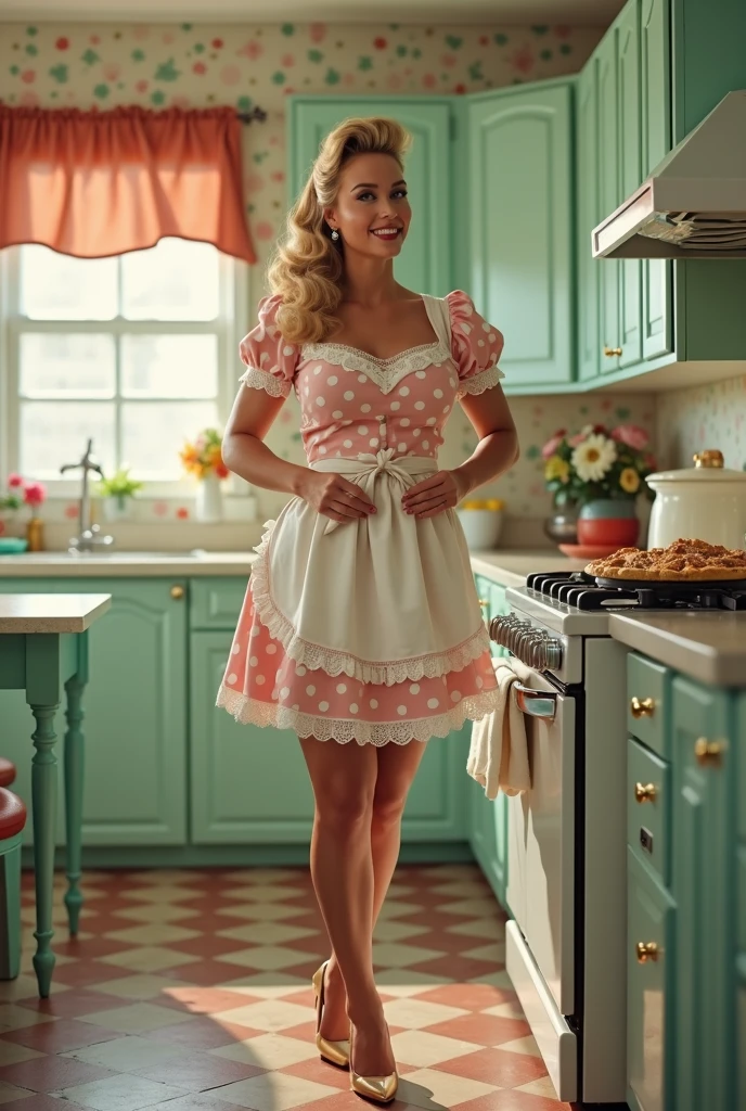 3D poster inspired by Disney Pixar, A confectioner woman illuminated by the light of a lamp, with light skin,blonde hair, eyes browns, light pink apron against the backdrop of a confectionery shop with a logo with the name Doce Dom, Woman is making a cake in cream, there is a mixer on the table, Cupcakes, Brownies e Morango