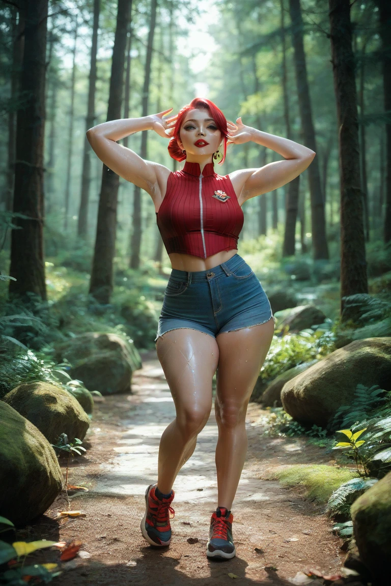 keflassj, 1girl, solo, aqua eyes, green hair, spiked hair, super saiyan, super saiyan 1, green earrings,
midriff, pink top, short sleeves, crop top, short sleeves, purple pants, gold vambraces, skin tight,
smile,closed mouth,cowboy shot,
forest,outdoor,
(insanely detailed, beautiful detailed face, masterpiece, best quality) cinematic lighting,(((full body)))