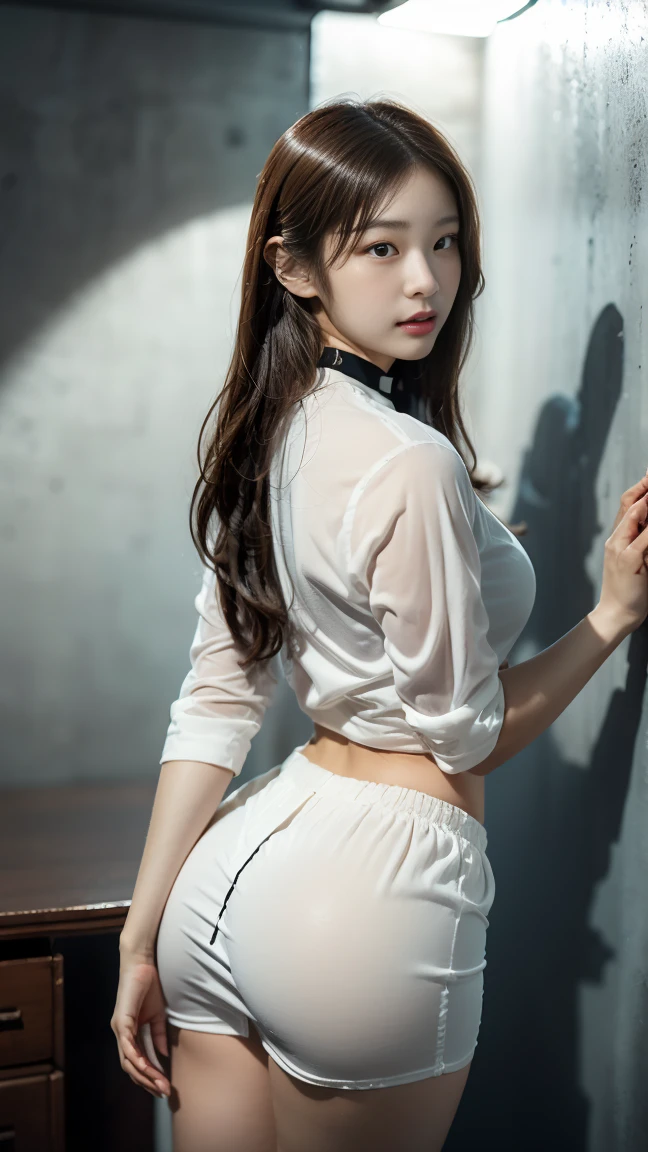 Highly detailed CG unit 8K wallpaper ,masterpiece，high resolution，best quality，best quality real texture skin ，Super real，number，Best image quality，最high resolution，8K，(（Rich details on the eyes and face）)1 girl，Big Breasts，Long hair，Brown hair，Thigh high，Brown eyes，Uniforms，Super short white shirt，Lower breasts，Abdominal muscles，Ponytail，Short pleated skirt，tie，front Photo，Looking from the bottom up，Street road。