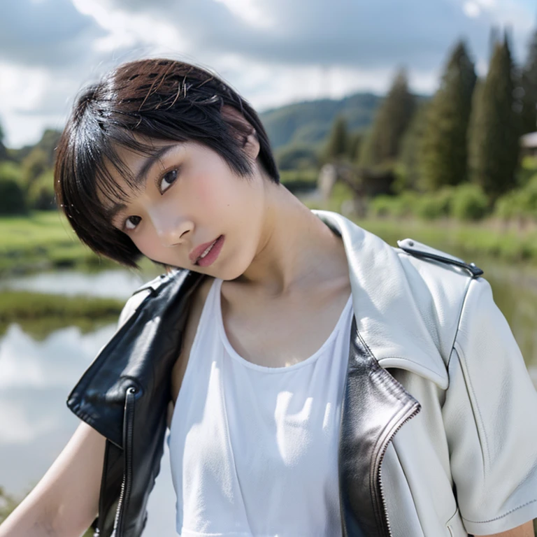 photograph of a woman, (troubled facial expression), textured skin, goosebumps, white t-shirt with jeans, cowboy shot, dark and mysterious cave with unique rock formations and hidden wonders, perfect eyes, (candlelight, chiaroscuro), Porta 160 color, bokeh, sharp focus on subject, very short cut hair