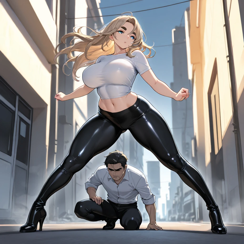 1girl, utsushimi kemii, boku no hero academia \\\\\ masterpiece, best quality, very aesthetic, absurdres, newest \\\\\\ slim body,///// by dodok,by nyantcha,cutesexyrobutts , by khyle,,////// beautiful face, light brown hair ,plump and glossy lips, . , , dark brown eyes,, cap, black catsuit . She wears white cuffs around her wrists,,standing, city, (rear view:1.2), ass view,, hands in fists,pov