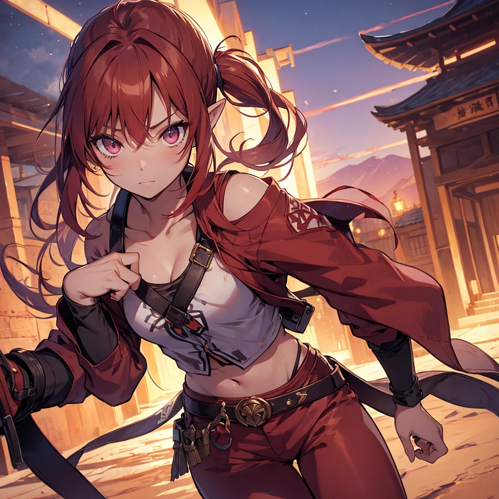 Thick outline, comics, Photorealistic, masterpiece:1.2, hidden hair, Alone, small breasts, Nabooru_Zelda, red hair, Long Ponytail, pink pants , night , Desert Town, temple, detail ed background, Detailed face, detail ed eyes,