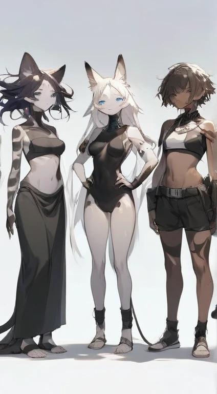 (School Swimsuit),(flat chest,huge breast),(),(3 girls standing side by side),(full body),(nier automata),whole body, lips, closed mouth,design sheet