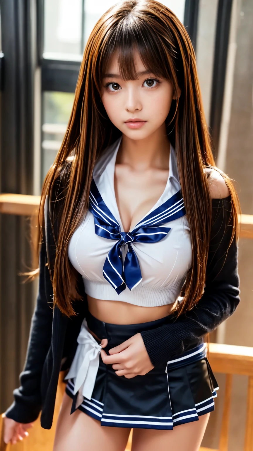 (A hyper-realistic)、(hight resolution)、(8K)、(ighly detailed)、(beautifully detailed eyes)、(top-quality)、(ultra-detailliert)、(masterpiece)、(A detailed face)、Beautiful sexy woman standing on the street, long dark brown hair,(( no clothes nude , white sport shoes, black sport gloves, knee protector, tie collar))、Very gigantic-breasts:1.8、You can clearly see the shape of the chest、belly is visible, nude 、long legged