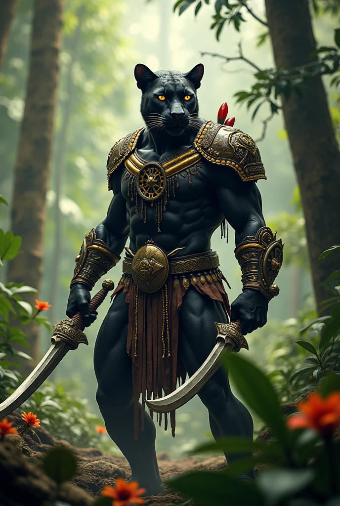 I want you to make an image of a humanoid feline holding a large shield On the left arm I put leather armor on it Now a long sword on the right arm The body is to have hair And I want the hair to be black and white