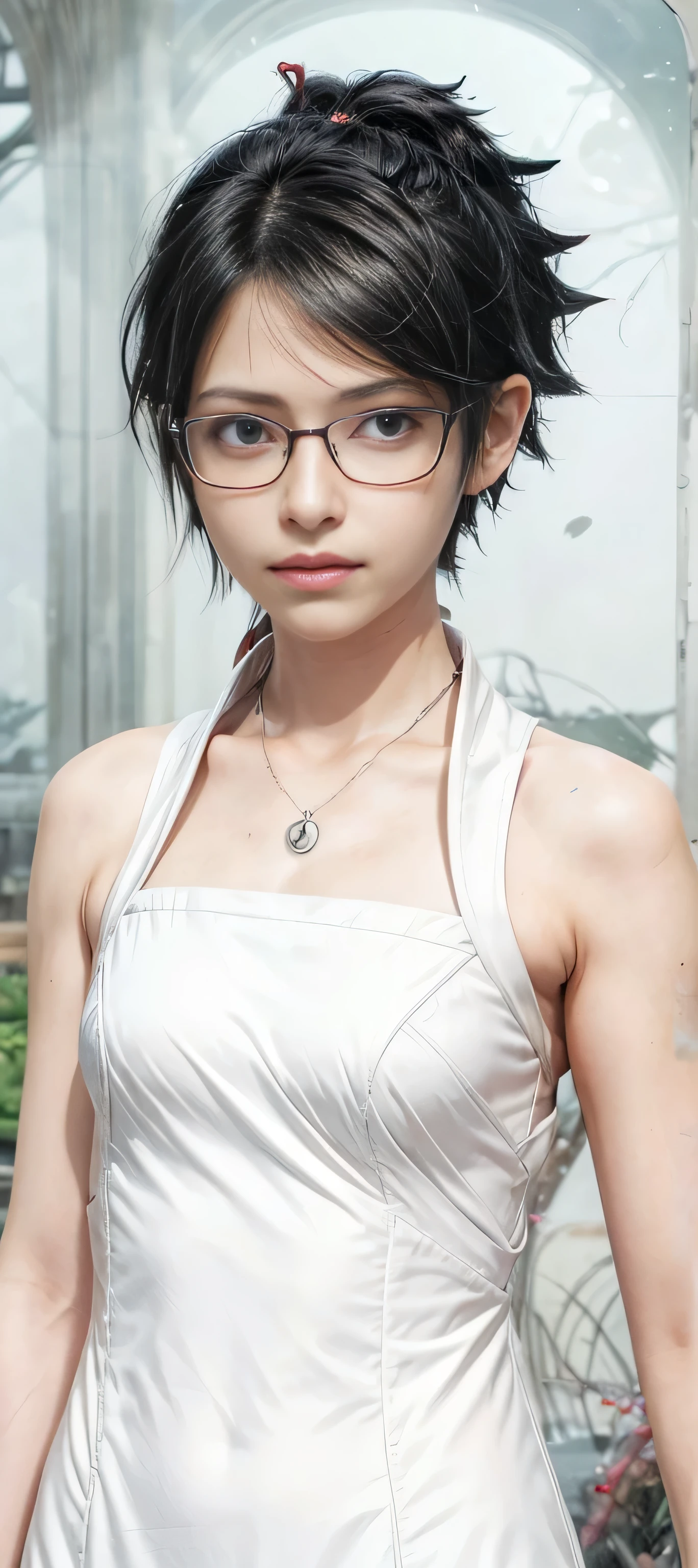 masterpiece, best quality, (realistic,photo-realistic:1.4), (RAW photo:1.2), extremely detailed CG unity 8k wallpaper, delicate and beautiful, amazing,finely detail, official art, absurdres, incredibly absurdres, huge filesize, ultra-detailed,extremely detailed eyes and face,light on face,sarada,(smirk:1.4),(black hair:1.4),(very short hair:1.4),nature,sarada uchiha ,(wearing black framed glasses:1.5),(wearing final fantasy outfit:1.5),necklance,braided hair,ponytail
