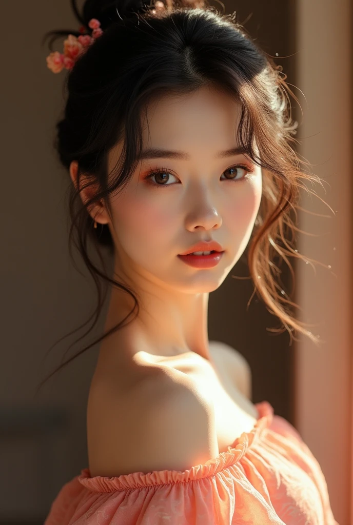 Create a photorealistic image of a beautiful Asian woman with fair, smooth, flawless skin. She has large, round, sparkling eyes with naturally long and curled eyelashes, and well-defined, dark eyebrows. Her nose is straight and high, and her naturally pink, soft lips form a gentle smile. She has short, slightly curled brown hair that highlights her delicate facial features. Her face is oval-shaped, with a wide and high forehead, moderately high cheekbones, and a pointed, slender chin. She is wearing a soft pink sweater relaxed neckline that casually drapes off one shoulder, exposing slender shoulders with ((black trap)), highlighted by the rays of light creating a radiant effect on her skin. The overall atmosphere is serene and intimate, capturing a peaceful moment of solitude and the beauty of the light, mid-shot ,(( light rays)) warm atmosphere