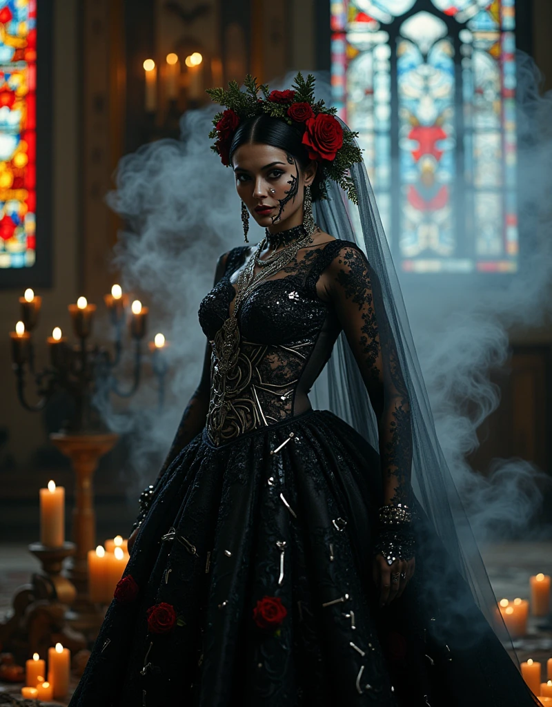 (Best quality, 8k, 32k, Masterpiece, UHD:1.2), A grand cathedral interior with soaring arches, stained glass windows, and ornate columns. The lighting is dramatic and moody, with shadows cast across the walls. The altar is adorned with dark, twisted sculptures of demons and gargoyles. Flickering candles illuminate the scene, casting an eerie glow. The ceiling is painted with a dark, macabre fresco depicting hellish scenes and tortured souls. The pews are ancient and worn, and the air is thick with the scent of incense and decay. A lone figure kneels in prayer at the altar, their face obscured by a dark hood. The overall atmosphere is one of gothic horror and supernatural dread, blending elements of the Sistine Chapel and Spanish royal palaces into a nightmarish cathedral setting.
The key elements are:
Soaring gothic architecture with arches, columns, stained glass
Dramatic, moody lighting with shadows
Dark, twisted demonic sculptures and gargoyles
Flickering candles casting an eerie glow
Dark, macabre ceiling fresco with hellish scenes
Ancient, worn pews and thick, incense-scented air
Lone hooded figure kneeling in prayer at the altar
Combining these gothic, supernatural, and horror elements creates an unsettling, nightmarish atmosphere reminiscent of the Sistine Chapel and Spanish royal palaces. The lighting and architectural details are critical to establishing the dark, foreboding mood.
