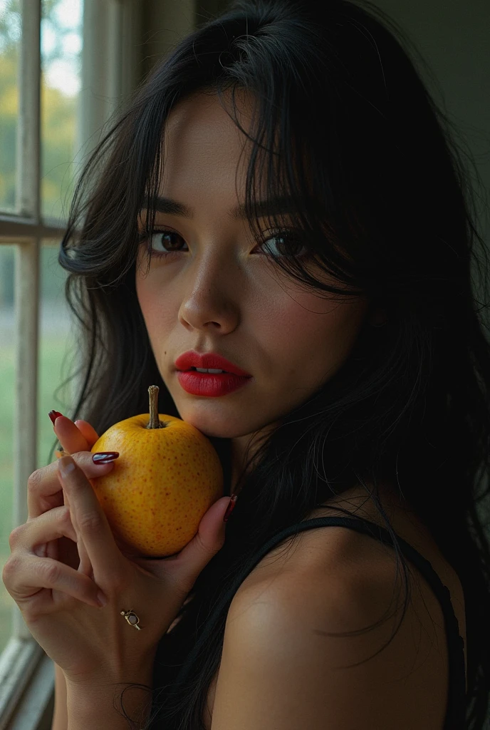 watching her mouth eating a Lucious juicy peach, biting into a delicious peach, she's loving the peach so much, juices drip because it's such a juicy juicy peach, sticky peach juice dripping, the sunset light is beautiful and the sweet fleshy peach looks so good, so close to her mouth eating that amazing peach, it's looks so real I can taste that peach