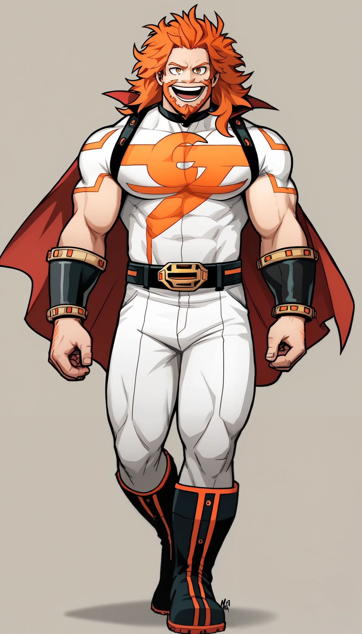 (My Hero Academia Style), ((OC)), ((1guy)), ((male)), (Anthro), ((perfect face)), (((perfect hands))), ((perfect anatomy)), (Knee gap), (Ankle Gap), ((standing)), ((looking at viewer)), ((plain background)), ((full body photo;1.5)), ((Marked muscles)), ((athletic body)), ((White body suit with orange stripes)), ((T logo on chest)), ((Orange logo)), ((Black belt and bracers)), (((Red cape with black interior))), ((Adult man)), ((Old man)), ((Old man)), ((Orange hair)), ((Long hair)), ((messy hair)), ((shoulder-length hair)), ((Square chin)), ((evil laugh)), ((sinister smile)), ((evil look)), ((Orange Eyes)), ((Orange Square Beard)), ((Square Beard)), ((Orange Beard)), ((Black Calf Boots with Red Lines)), ((Tighten)), Megamind,