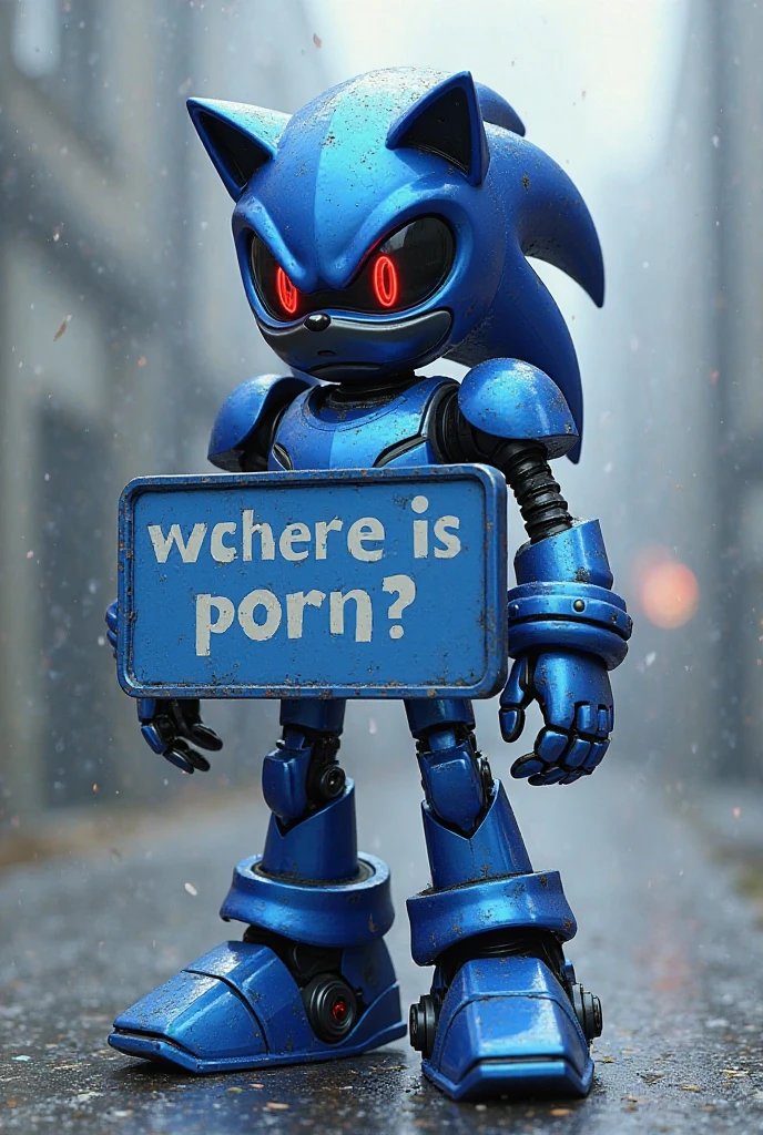 blue "Metal Sonic" standing with a sign. There is an inscription on the sign "Where is porn?"