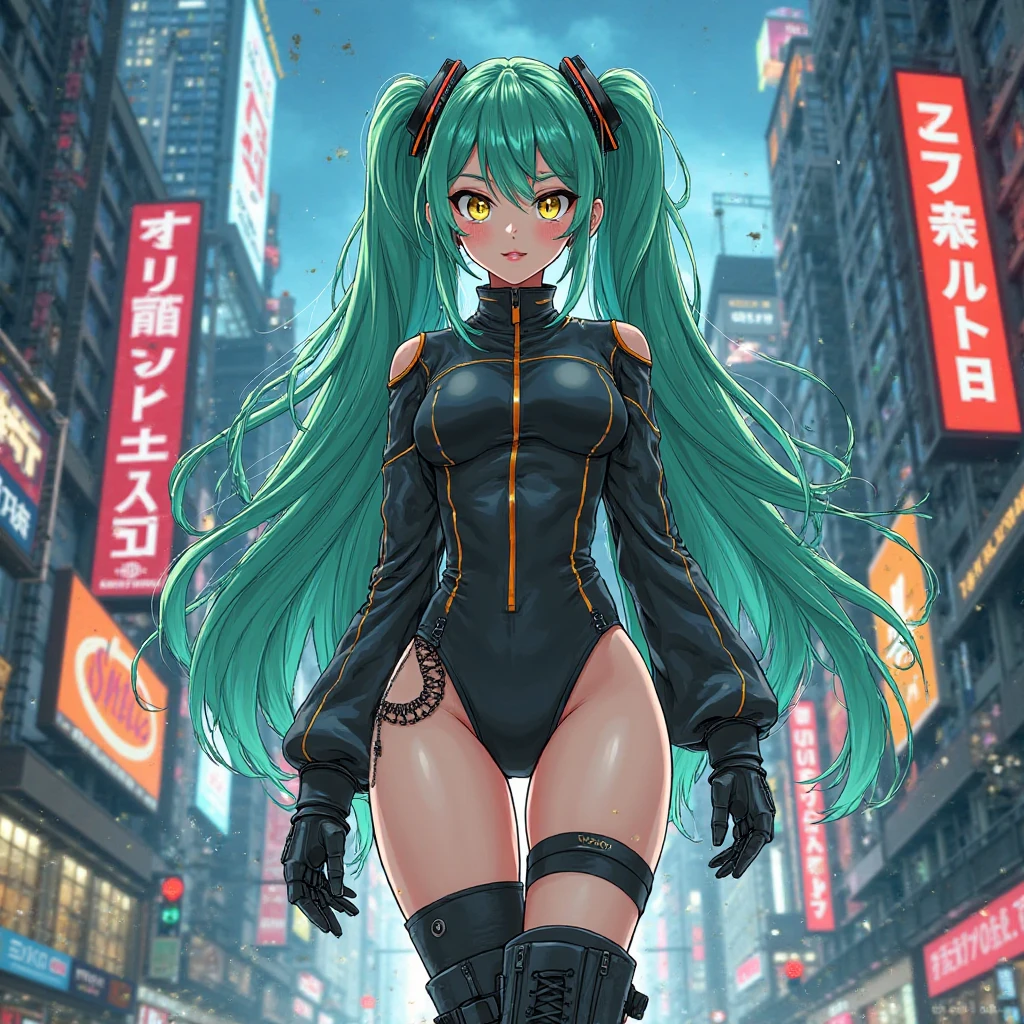 Rebecca, 1girl, green hair, white skin, twintails, colored sclera, red sclera, bra, panties, black jacket, artificial eye, black sneakers, perfect anatomy, solo, surrounded by zombies, post apocalyptic city, fighting stance, holding weapons