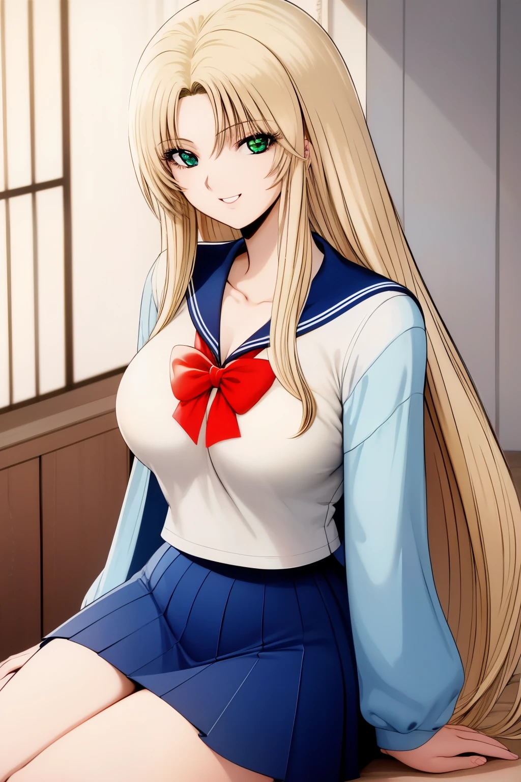 1990s\(  style\)、1990sアニメセル画 style、best quality、High Resolution、( big eyes:1.2)、1 girl、is embarrassing、smile、( Big Breasts:1.2)、、masterpiece、 best quality、( 1 girl:1.4)、masterpiece、best quality、High Resolution、smile, Cheerful, Sakuno-1 , masterpiece, best quality,,hidden hair, (indoor)long hair,blond hair, heterochromia,green eye,brown eye,viewers,  Long Sleeve,sailor suit,white blouse,Pleated Skirts,Sarah color,blue skirt、super miniskirt,slender,busty,Chest Valley,Chest,Beautiful Thighs, sitting