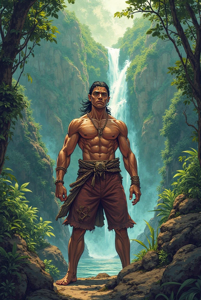 ((SFW))Arte estilo john Buscema,Um close up de Lorde Clayton Greystoke aka Tarzan dos macacos, next to a beautiful waterfall holding a knife in his hands, corpo inteiro,, cena detalhada, cena perfeita, pingos de suor.((SFW))