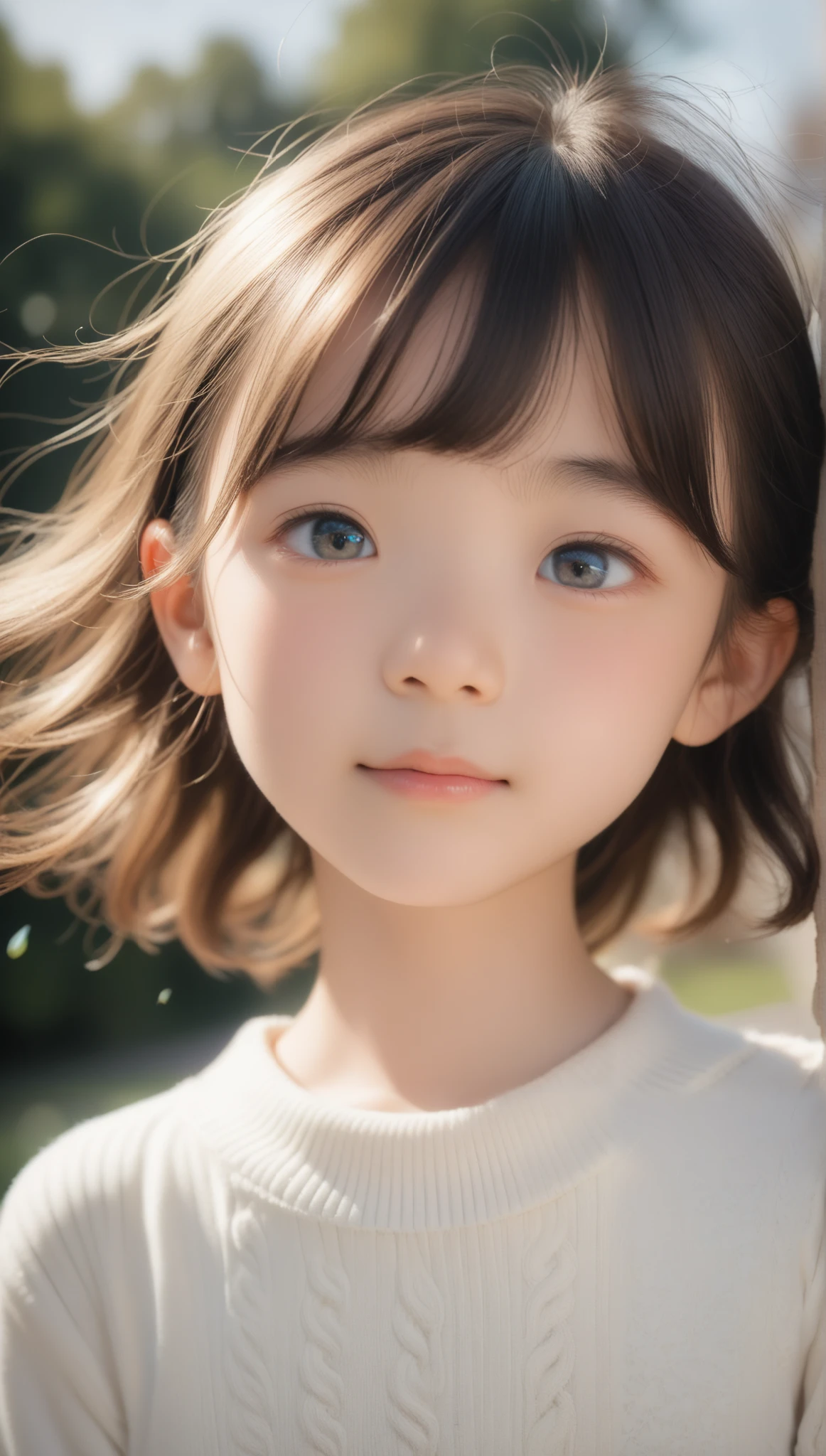 (top quality, Ultra High Resolution, realistic:1.2), (very young girl:1.5), (Very young body:1.7), The beauty of Japan is very present, lovely face, beautiful eyes, sweater , hair blown in the wind, (You're too close:1.2), face, Park