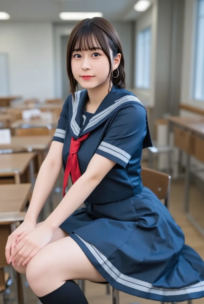 (happy expression:1.26)、Raw photo、(((Ultimate beauty full body photo shoot)))、((glowing skin))、1 girl、1 primary school student、young、young顔、bright look、detailed face、((black haired、short cut hair:1.2))、View from the floor、((sailor suit、uniform、mini skirt:1.5))、(Sitting on a chair with legs wide open:1.2)、counter point shot、((Super detailed))、(完璧にdetailed face)、(fine hands)、(finger details)、(good human structure)、A photorealistic masterpiece、最high quality、Super detailed、film light、intricate details、High resolution、very detailed))、detailed background、8KUHD、Digital single-lens reflex camera、soft light、high quality、film grain、Fujifilm XT3 、shallow depth of field、natural soft light、Kamimei、classroom
