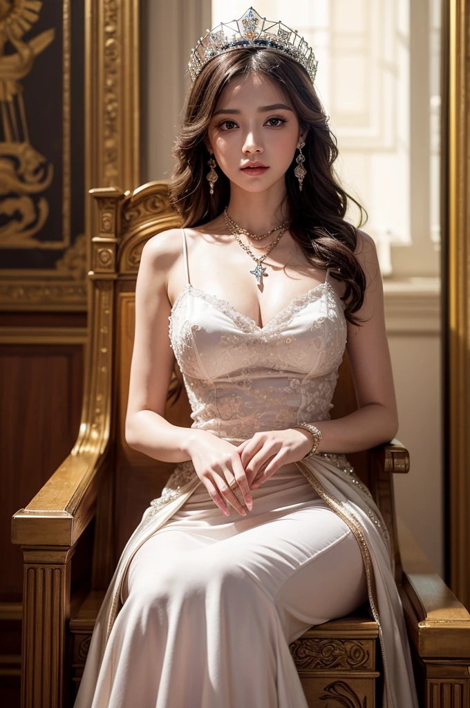 (1girl), princess, long hair, (extremely detailed beautiful face), (Beautiful girl in a princess dress:1.5), (lace dress:1.4), Amazing face and eyes, (The sexiest look), (Best Quality:1.4), (hyper quality), (Ultra-detailed), (extremely detailed CG unified 8k wallpaper), Highly detailed, RAW Photos, Professional Photography, sitting, (A luxurious living room with paintings of sexy girls on the walls:1.6), (golden chairs, golden ornaments, dazzling brilliance:1.2), luxurious, gorgeous, famous sexy movie scenes,