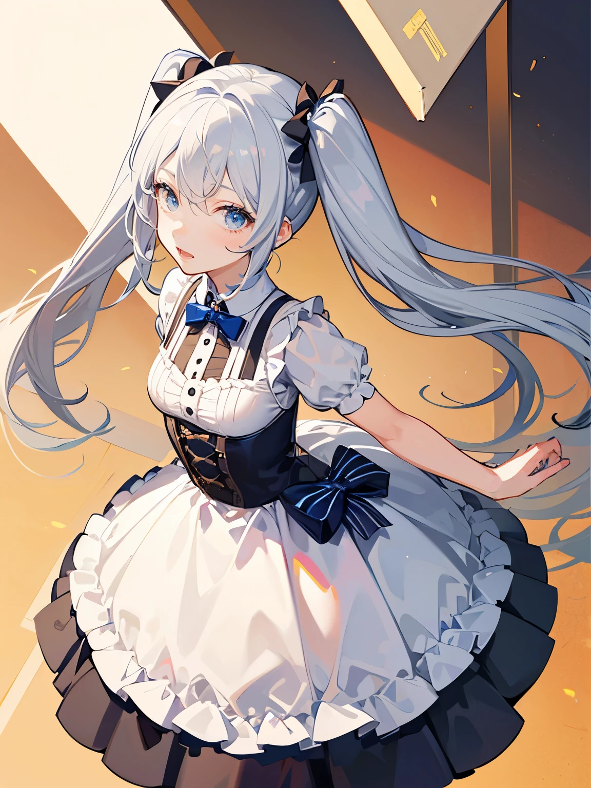 1girl,blue eyes,white hair,twintails,{{maid}},miniskirt,cat ears(white),cat tail(white),facing at viewer,collar with bell,