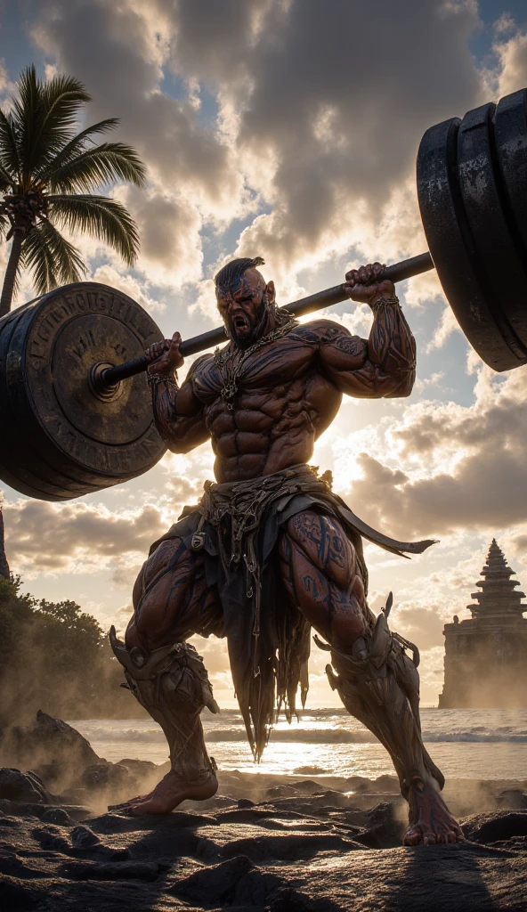An elderly man with a muscular, defined body, Spartan style. He wears traditional Spartan attire, set against a backdrop of imposing concrete pillars