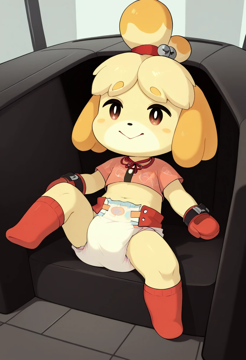 ((Rabbit)), animal crossing style, cute , chibi, small, small paws, small feet, wearing diaper, leather wrist, cuffs, leather  ankle cuffs, padded leather mittens, prisoner collar, sit on baby car seat, tied to baby car seat , in laboratory, full body view, drawn like in the series, spanking eyes