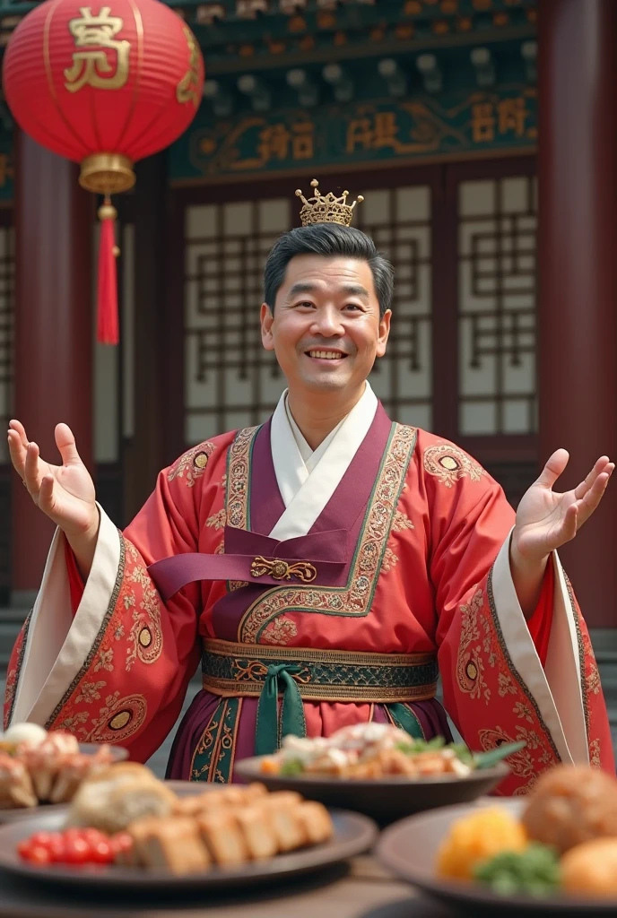 (Masterpiece, Top quality, Best quality, offcial art, Beautiful and aesthetic: 1.2),evening,Colorful sculpture of Chinese Ming Dynasty officials, middle-aged man, bearded, half lying down, smiling, God of Wealth, holding Yuanbao in hand, Chinese mythology, Chinese style, red official clothes, hat, full body,look up,HD details,8K