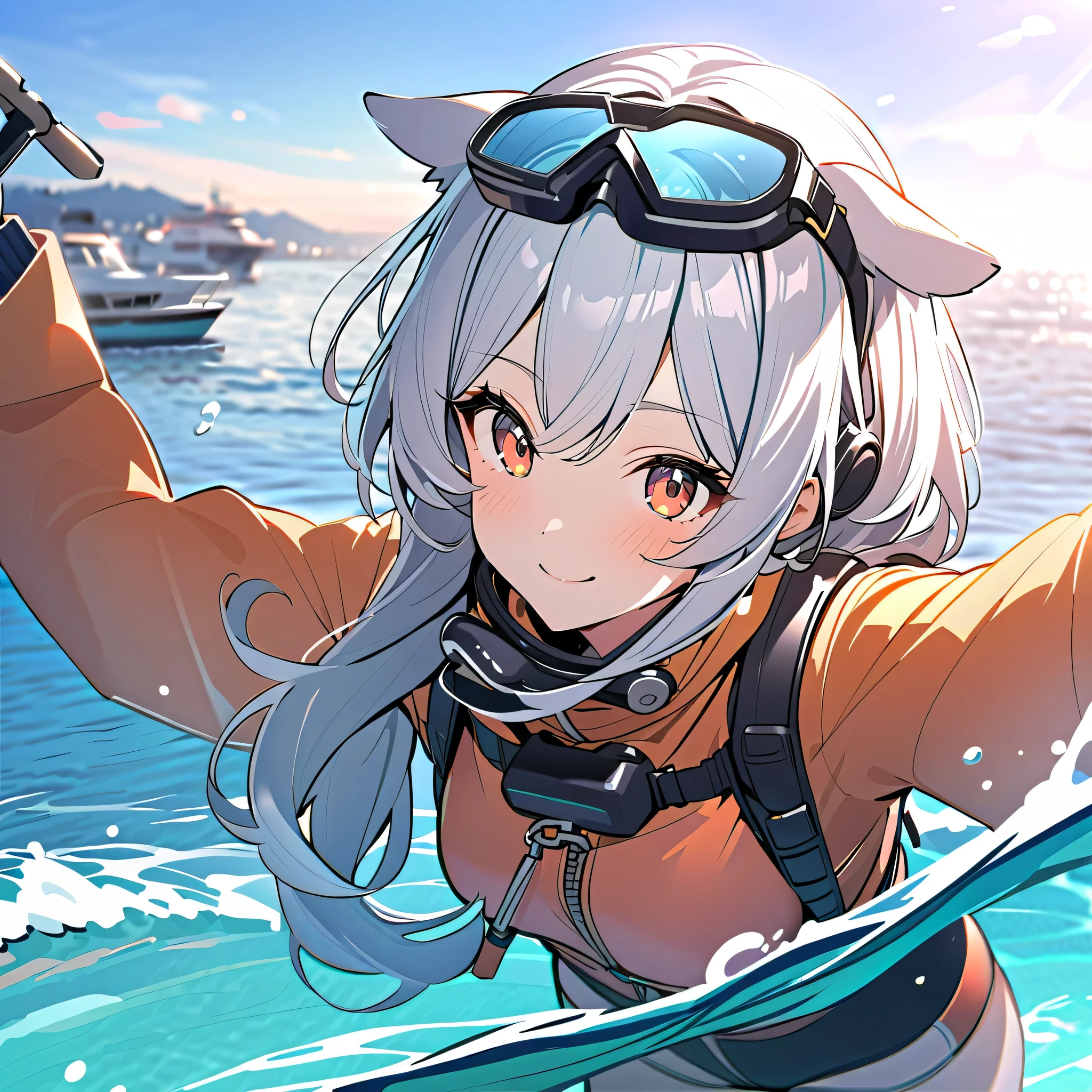 8k，winter，smile，     girl with dog ears ，               Silver Hair，    White Ear，  scuba diving，goggles，Snorkel，On the Sea，Brush up your hair