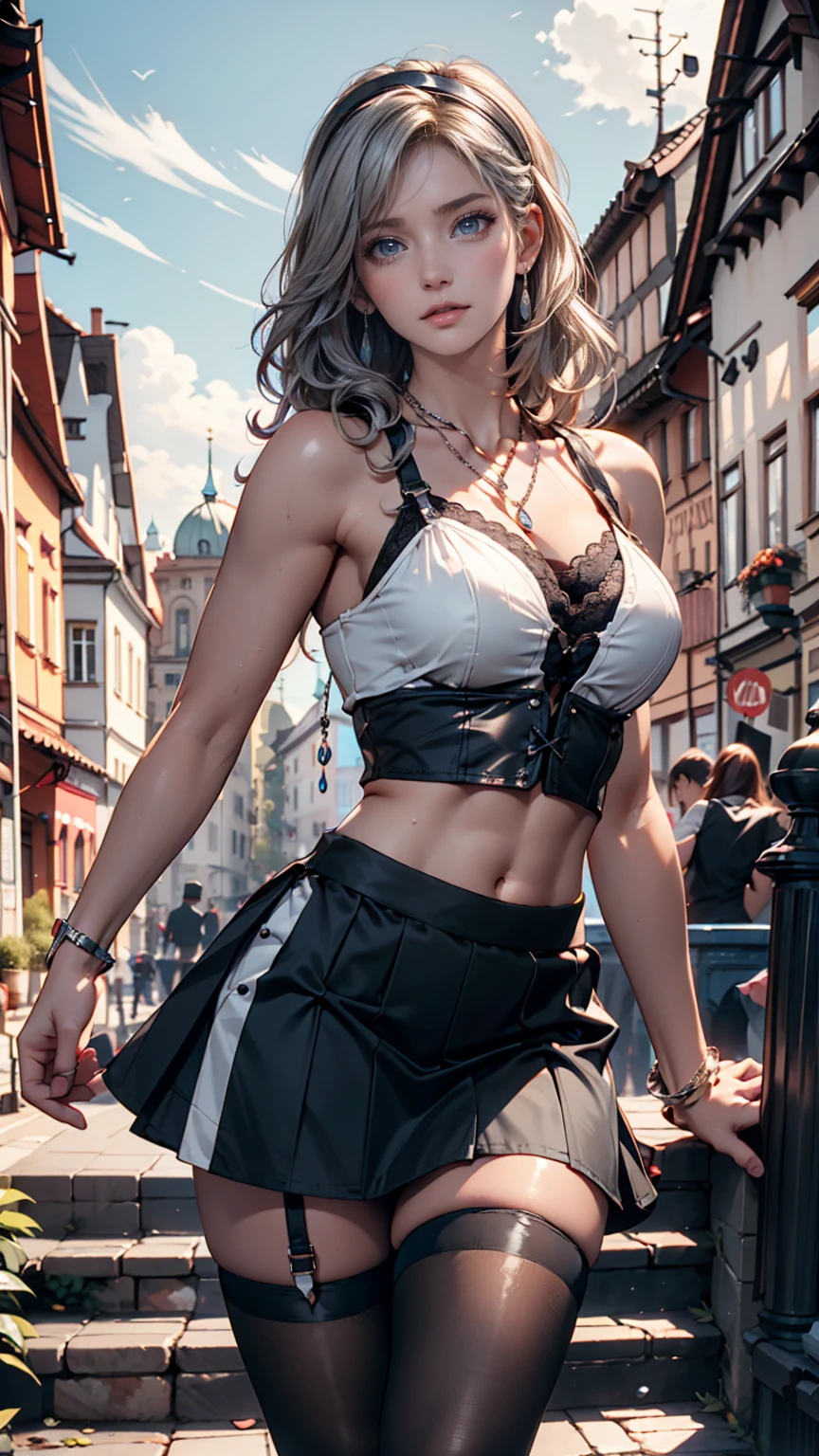 24 year old Caucasian female、Silver Hair、Straight Hair、Lace choker、Strap shoulder tops、No bra、Chest（Nipple swelling emphasis)、Colorful leggings、Stiletto heels、Place hands on hips、Wide stone steps in the old town(Lean on the railing)、smile