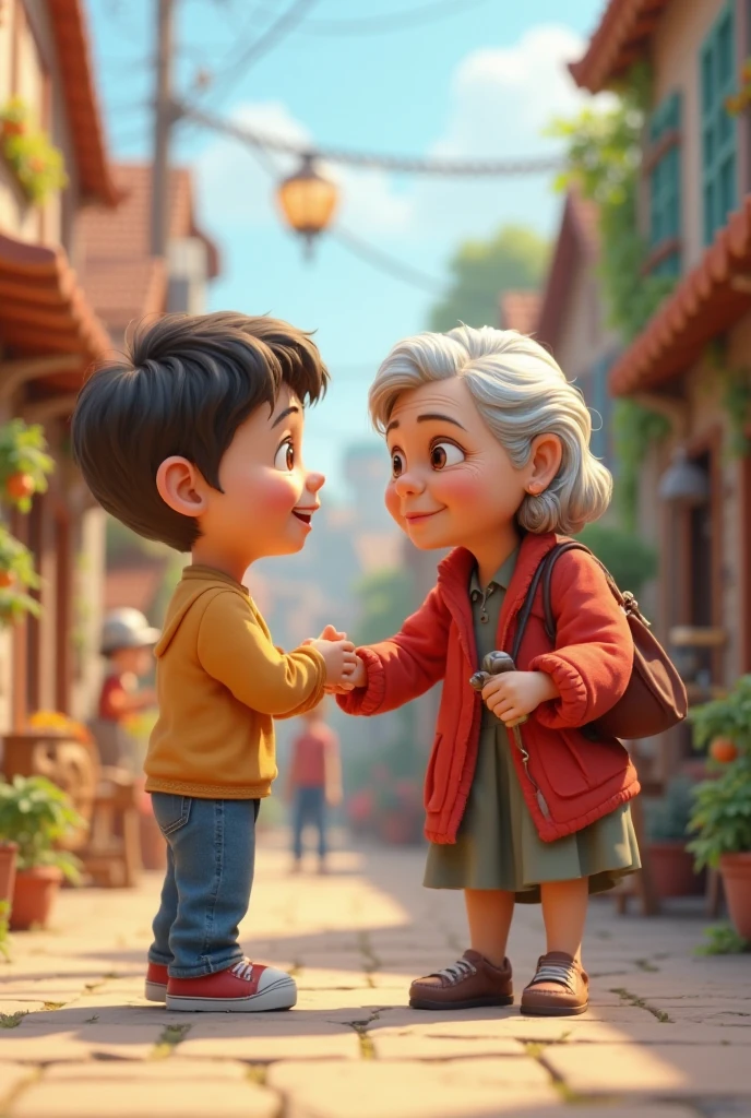 A kind-hearted boy with a gentle smile, helping an elderly person carry a basket. The boy is shown as caring and compassionate, with bright eyes full of empathy.