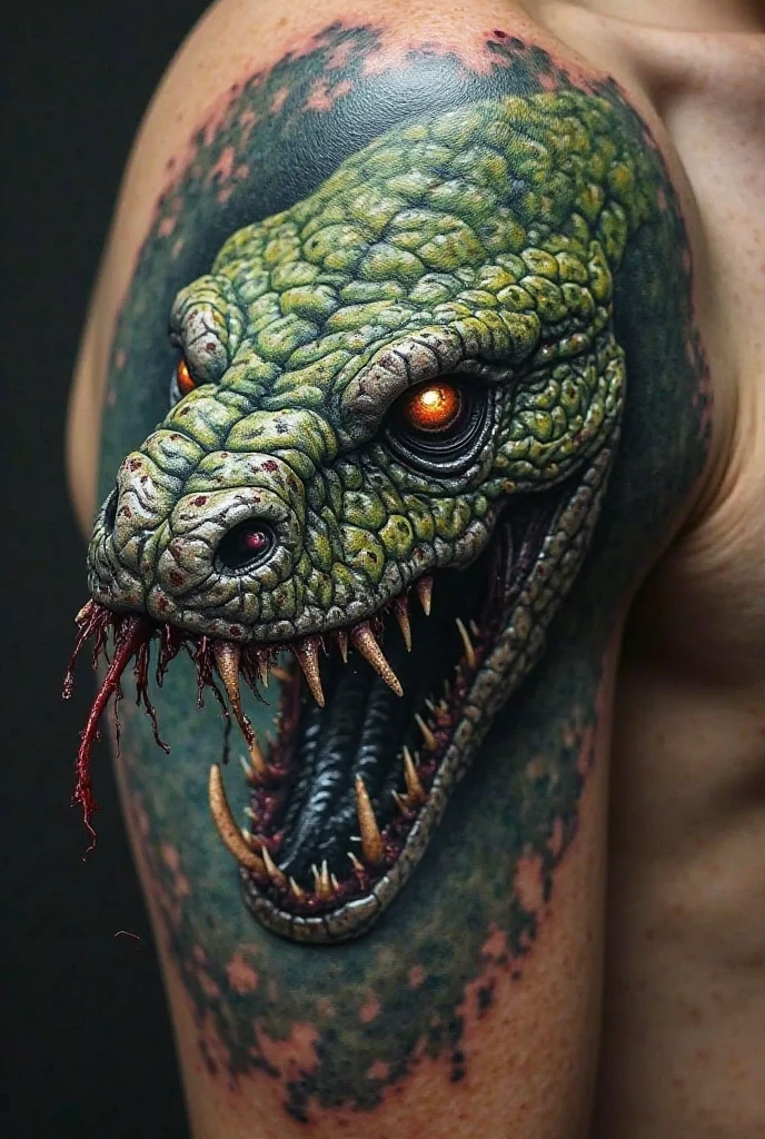 Alligator tattoo that starts at the shoulder and ends at the neck, the alligator&#39;s mouth should be open wide, in the middle of his mouth there is the mark of berserk