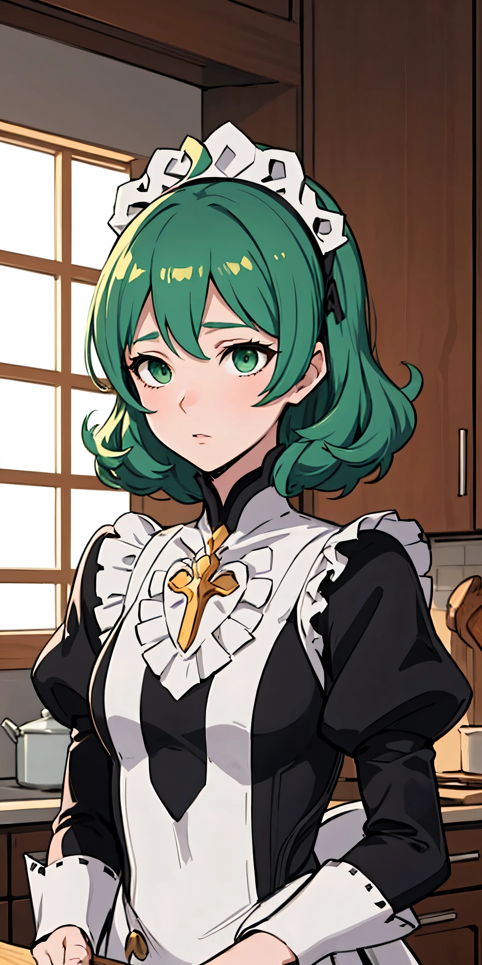 masterpiece, best quality photo, SYRENE, green eyes , diadema, maid of destiny, kitchen, upper body