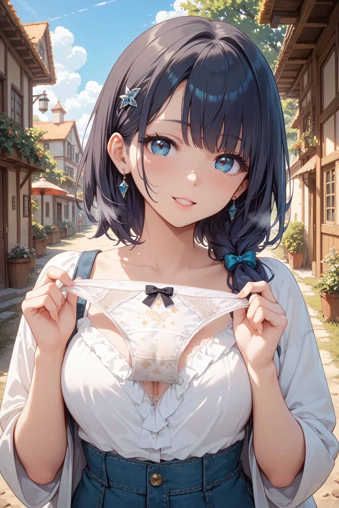 (best quality), (Super detailed), (Best Illustration), (masterpiece), score_9, score_8_up, score_7_up, 4k, (nsfw), high contrast,
upper body, focus on breast, (1woman), (solo:1.2), (hands on breast),
{(white serafuku), (bra lift), (show off breast:1.2), (show off nipples:1.2)}, (large breasts:1.2),
{dark brown hair, (sideburns), (bob cut:1.3), curly hair, hairs between eyes, colored inner hair}, {(detailed eyes), blue eyes}, earring,
light smile, blush,
wind, (flower garden:1.2),