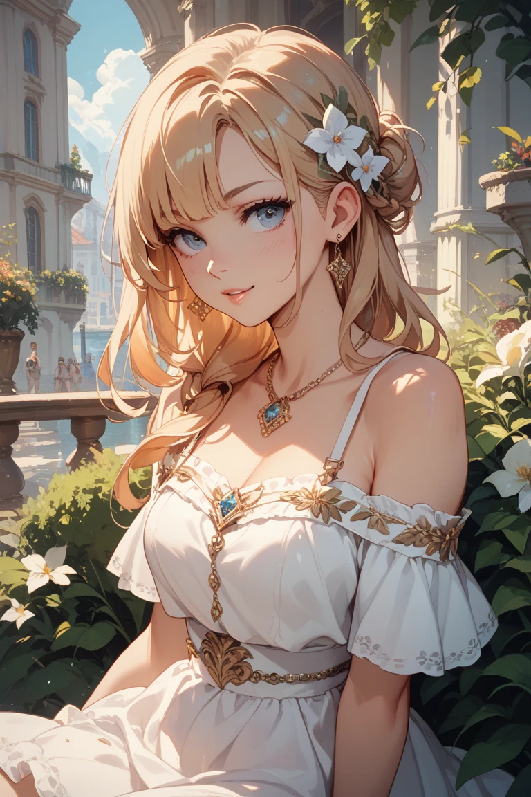 masterpiece, ((best quality)), ((highly detailed)),((detailed eyes, deep eyes)), (1girl:1.4), ((big breasts tiny waist:1.5)),full body, looking at viewer, smile, breasts,aphrodite, nude, laurel crown, hair over breasts, hair ornament, armlet, bracer, bracelet, lying on stomach, convenient censoring, upper body, grass, flowers, smile, serene expression, greek architecture, marble statues, garden, night, (dark skin:0.8), looking at viewer <lora:aphrodite-nvwls-v2-000012:0.9> pose ((fit female)), <lora:add_detail:0.5> <lora:Lgirl-v6_500steps:1> <lora:aphrodite-nvwls-v2:0.8>