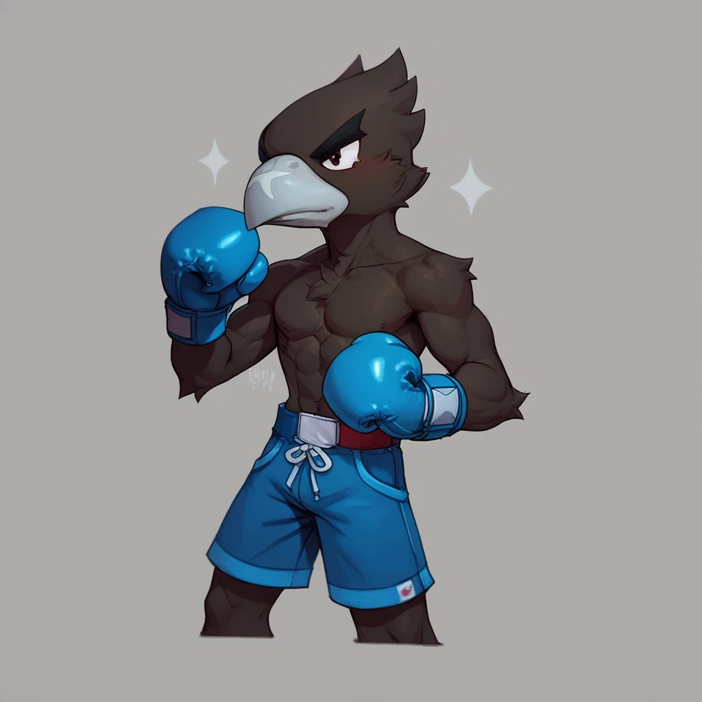  bscrow ,1boy  ,bird boy ,furry , brown pants , solo, (no top), gloves boxing, red boxing shorts,