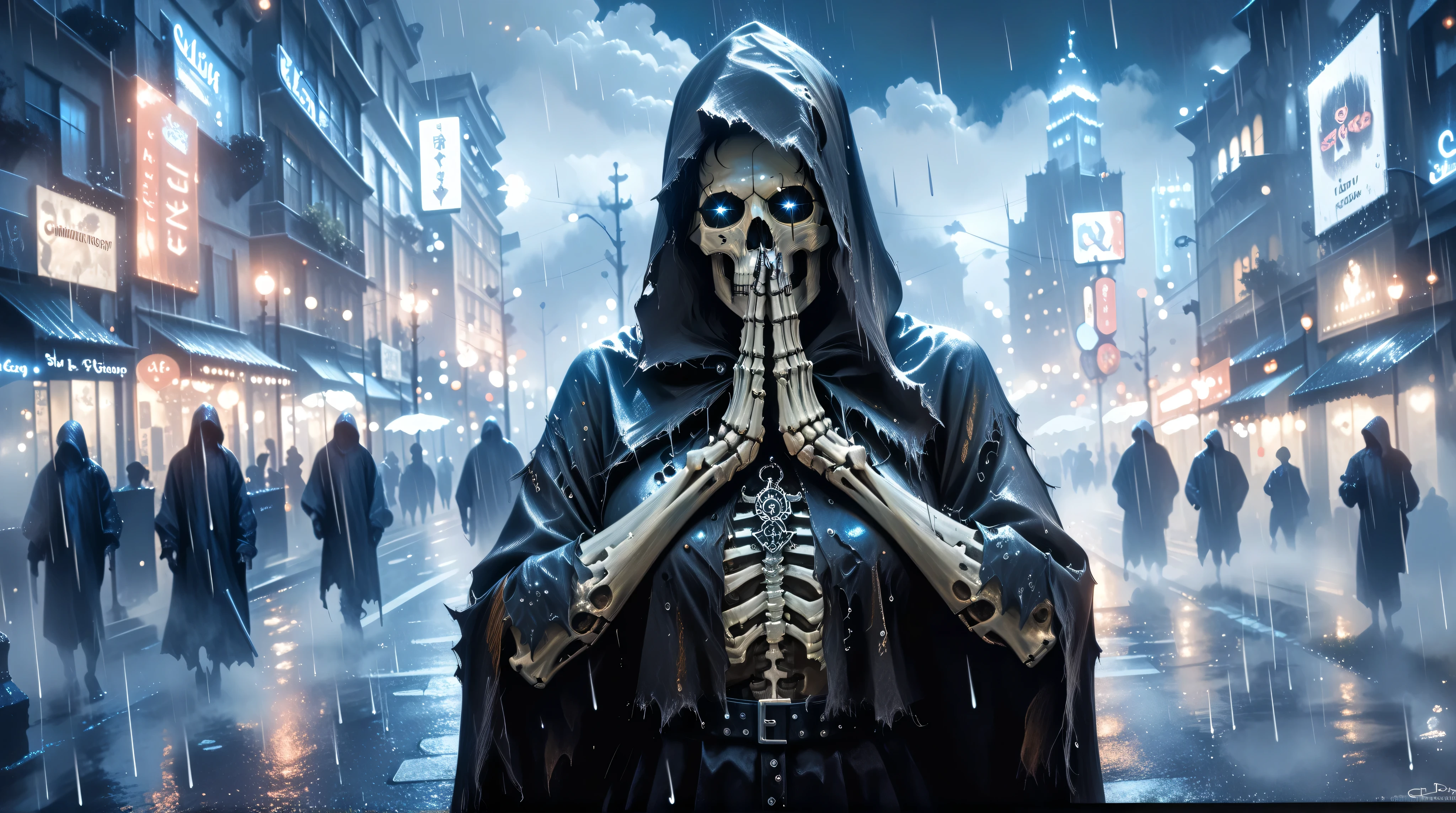 Two thirds of the bodies are visible. realism, Masterpiece , Wysoko Kachestvo, detail, clear face . The skeleton is standing on a city street; glowing eye sockets; naked, ripped black fabric short top, Black torn fabric cape with hood, ripped black fabric skirt, axe in the hands ; gloomy street, Night, rain, fog; medium plan