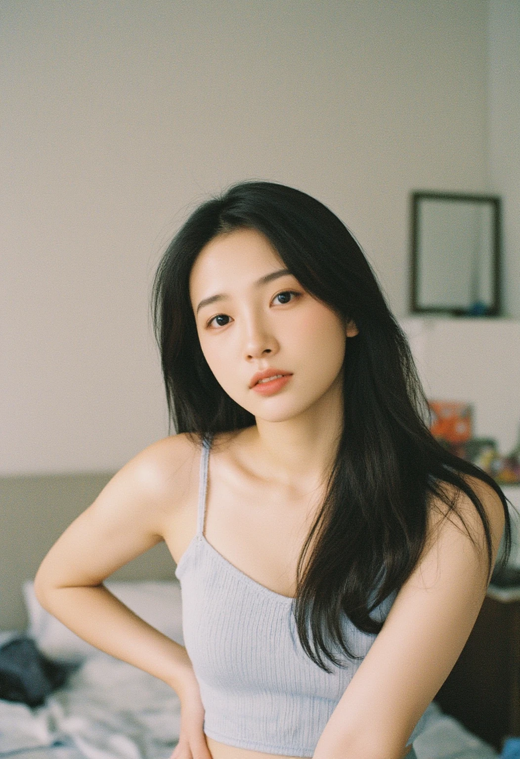 Photo of a Beautiful Korean kpop idol Woman, Summer, Lustful, film grain, Ilford HP5, 80mm with black man hotel room