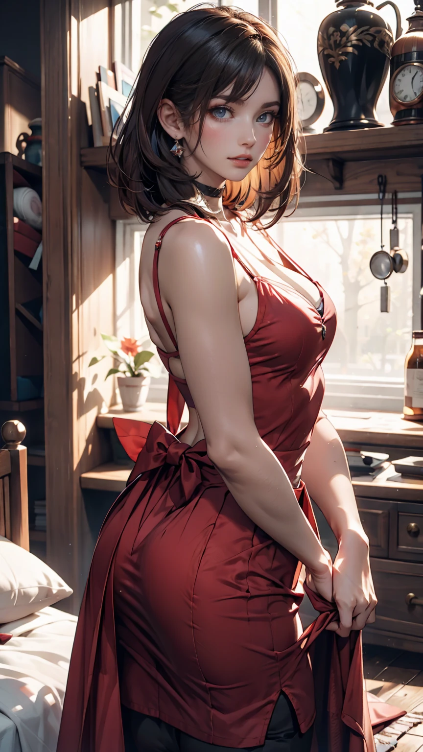 masterpiece, 1girl, Amazing Cleavage:1.3, thin waist, big ass, Raised sexy, medium breast:1.3,posed cleavage:1.2,solo, looking at viewer, close mouth, have a cup of coffee,black hair, red eyes, dress, bare shoulders, jewelry, collarbone, sidelocks, hairband, earrings, indoors, off shoulder, :o, sweater, arms behind back, plant, short hair with long locks, white hairband, off-shoulder dress, sweater dress, off-shoulder sweater, red sweater, big side hair, very long side hair,is rendered in (masterpiece: 1.2, best quality), with (ultra high resolution) and an exquisite (depth of field). This masterpiece is not only visually stunning but also tells, make of cooking some cakes ,in the kitchen
